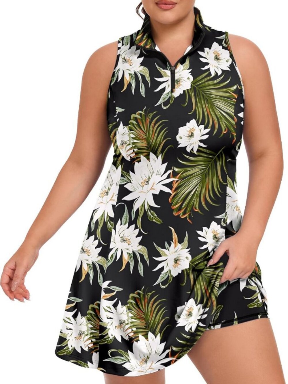 Plus Size Sleeveless Tennis Dress - 1/4 Zip Athletic Golf Dress, UPF 50+, Floral